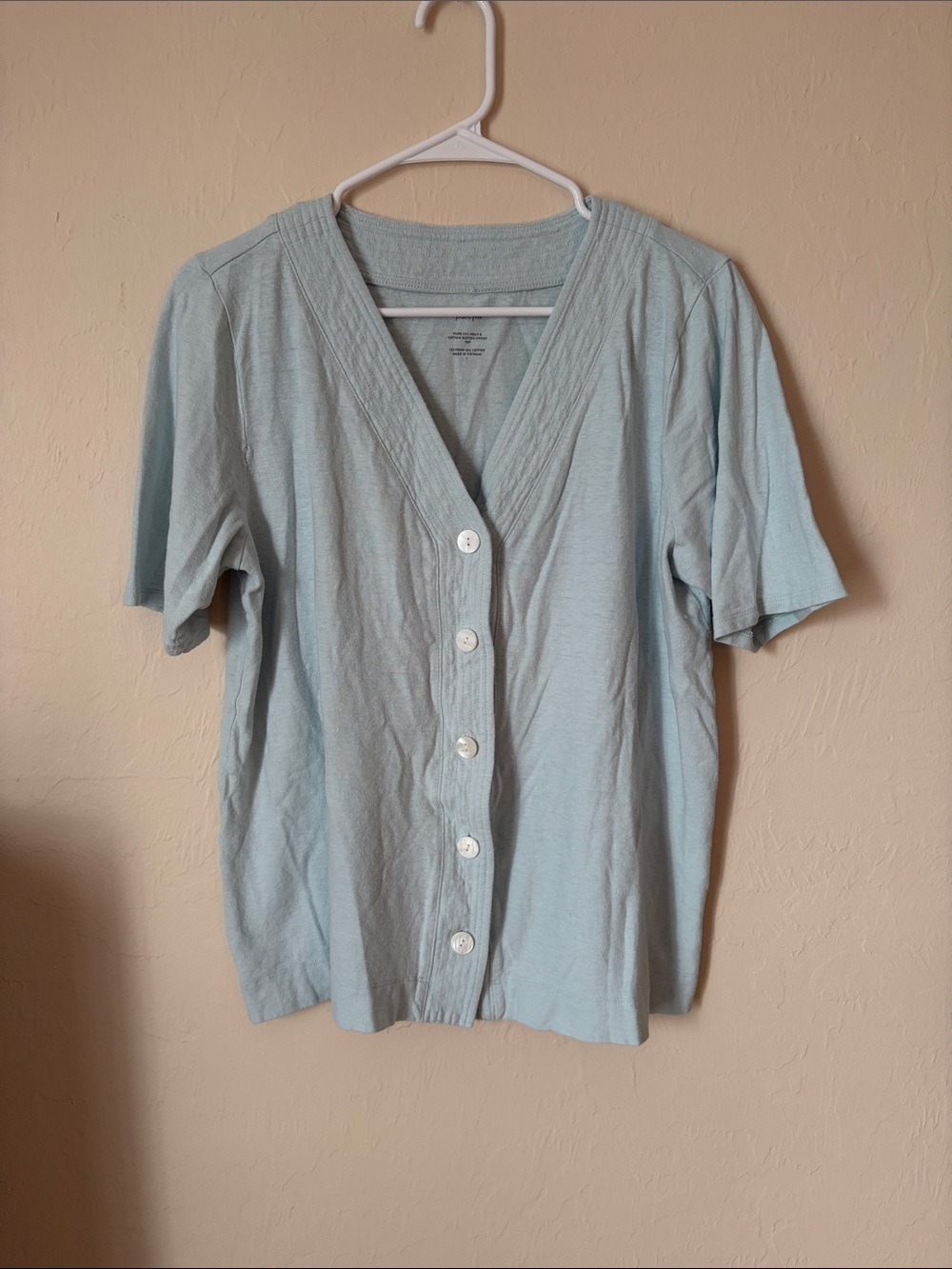 Pure Jill hemp/cotton Light Blue V-Neck Button Front Women's Top